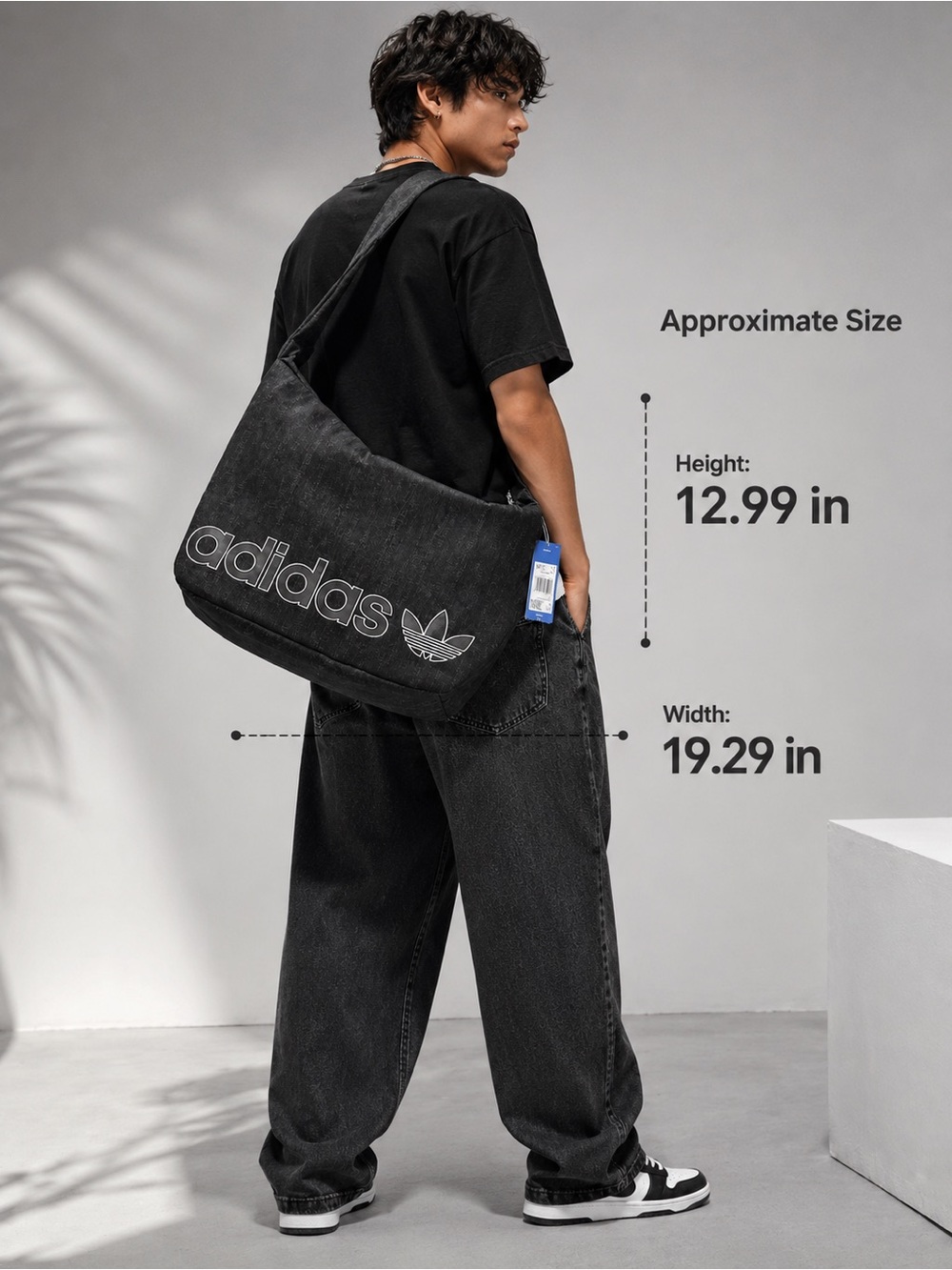 adidas Originals Shopper Denim Shoulder Bag Casual Lifestyle Bag Black KE0680